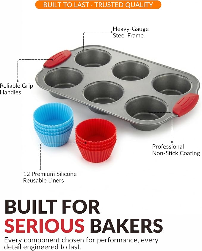 Non-Stick Steel 6 Cup Muffin Pan with Silicone Handles and Reusable Liners - Perfect for Baking Large Muffins and Cupcakes