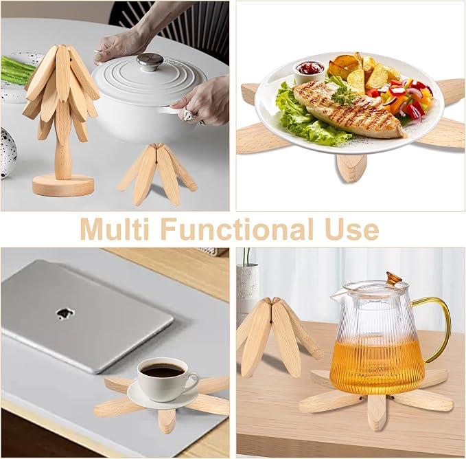 Wooden Trivets for Hot Dishes, Tree Shape Set, 4 Wooden Trivets + 1 Stand Stored Like a Christmas Tree, Beech Wood Trivet for Hot Pots, Pans, Bowl, teapot 2 Pack Christmas Decoration