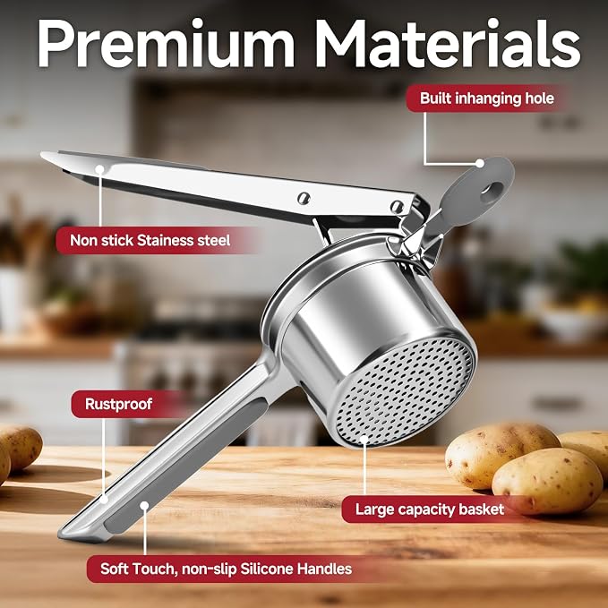Potato Ricer for Mashed Potatoes-Stainless Steel 15oz | Large Capacity,All Clad,Heavy Duty,Ergonomic Handle for Spaetzle,Oranges, Lemons, Pumpkins, Carrots, Avocados(GRAY)