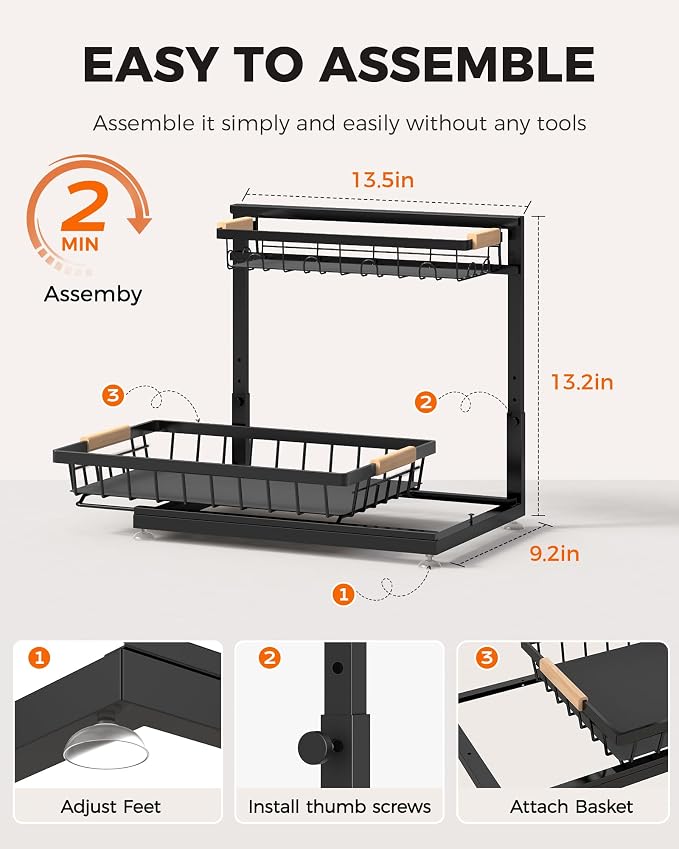 2-Pack 2-Tier Height Adjustable Under Sink Organizer & Storage | Multi-purpose storage for kitchen & bathroom cabinet. Large black shelf, height adjustable design for space-saving.