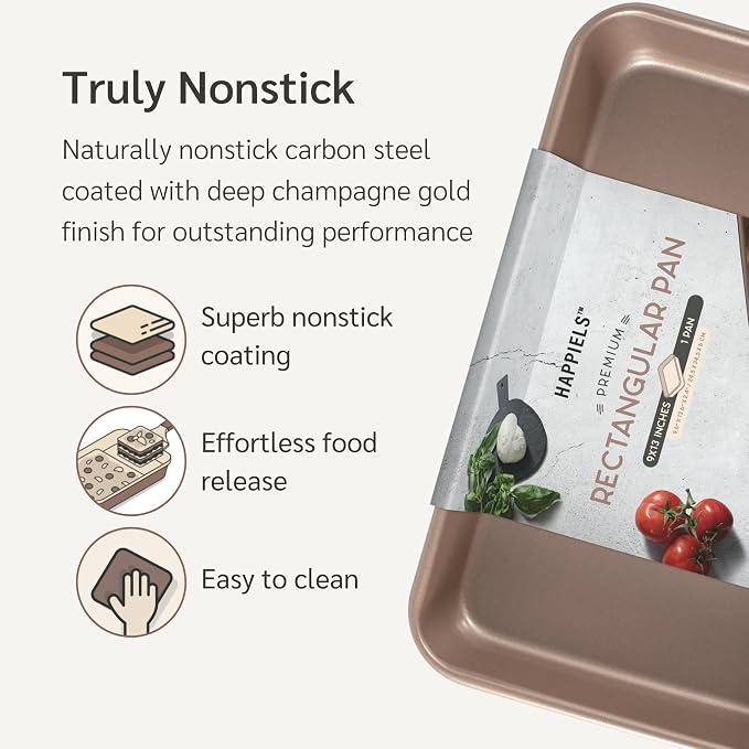9 x 13 inch Cake Baking Pan Nonstick, PFOA & BPA Free | | Non-Toxic - High Carbon Steel - Gold - Rectangle Pan for Oven Baking
