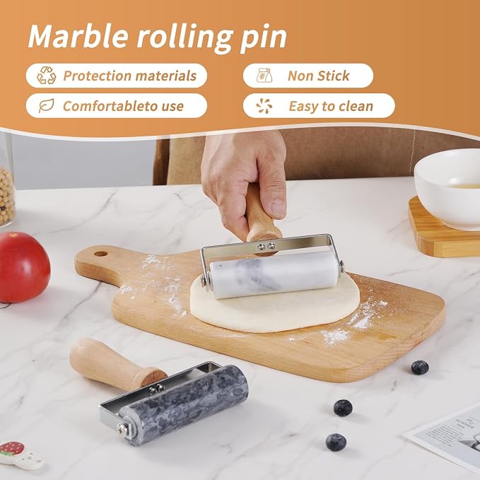 Small Marble Rolling Pin for Dough-Non-Stick T-shaped Hand Roller for Dough,Compact-Ideal for Home Bakers（Type A White）