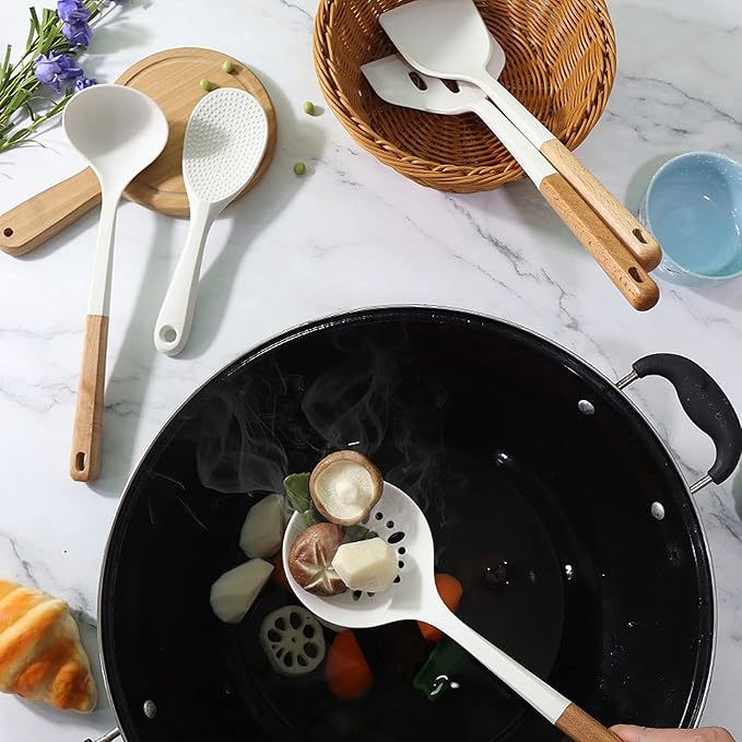 1pcs White Silicone Soup Ladle Spoon with Wooden Handle, Heat Resistant Cooking Utensils, Large Nonstick Serving Scoop for Sauce, Soup, Stew, Chili, Salad Dressing and Pancake Batter.