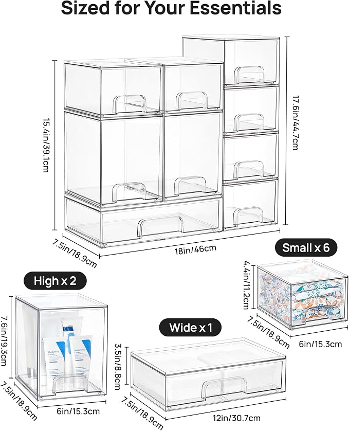 Vtopmart Clear Stackable Storage Drawers Set of 9, Plastic Organizer Bins | Multi-purpose Boxes for Baby Bottle Storage, Ideal for Kichen, Vanity, Bathroom, Undersink, Cabinet, Pantry Organization