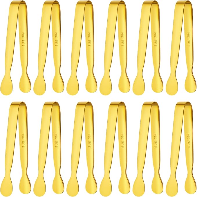 BEWOS 12Pcs Mini Serving Tongs - 4.3 Inch 304 Stainless Steel Ice Tongs, Gold Serving Tongs for Charcuterie Boards Accessories Serving, Coffee Bar, Tea Party, Desserts Banquet and Ice Bucket