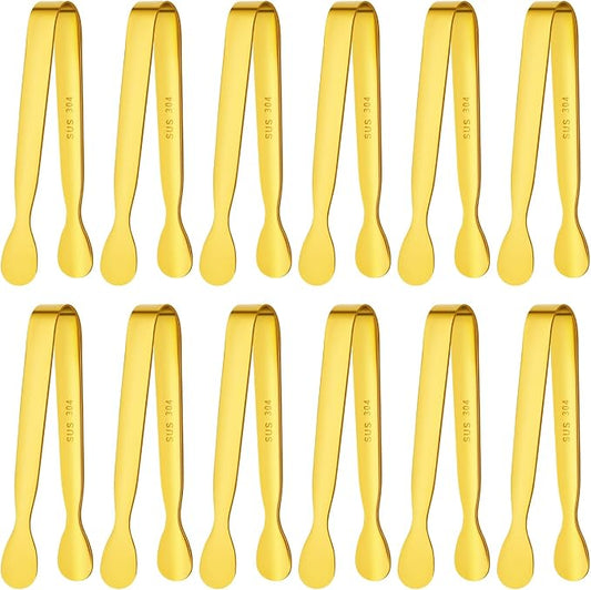 BEWOS 12Pcs Mini Serving Tongs - 4.3 Inch 304 Stainless Steel Ice Tongs, Gold Serving Tongs for Charcuterie Boards Accessories Serving, Coffee Bar, Tea Party, Desserts Banquet and Ice Bucket