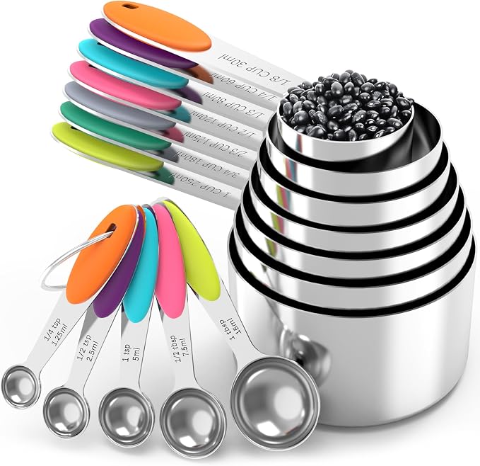 Nesting Measuring Cups and Spoons Set, Stainless Steel with Soft Silicone Handle – Heavy Duty & Dishwasher Safe for Measuring Dry/Liquid Ingredients, Ideal for Cooking & Baking (12)