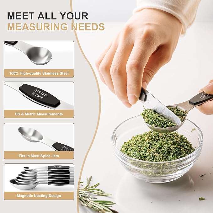 Stainless Steel Measuring Cups & Spoons Set, EWFEN Kitchen Tools Nesting Measuring Cups and Spoons, Fits in Spice Jars for Baking & Cooking, BPA Free, Set of 15 with Leveler, Black