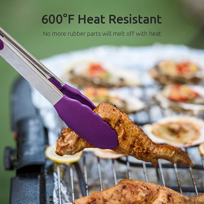 Kitchen Tongs, U-Taste 7/9/12 inches Cooking Tongs, with 600ºF High Heat-Resistant Non-Stick Silicone Tips, 18/8 Stainless Steel Handle, for Food Grill, Salad, BBQ, Frying, Serving, Pack of 3(Purple)