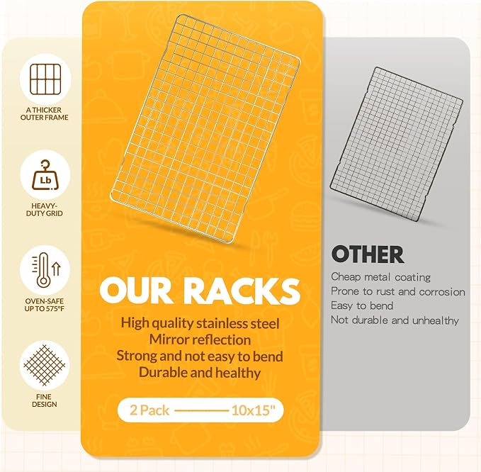 2 PCS Cooling Racks for Cooking and Baking, 15x10 Inches Stainless Steel Cooling Rack, Sheet Pan with Wire Rack for Baking Sheet, Bacon Rack Oven Safe Fits Jelly Roll Sheet Pan