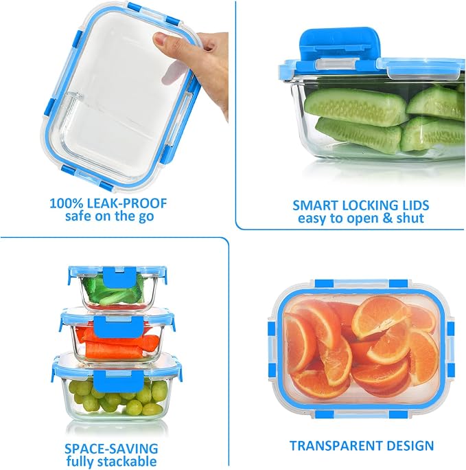 24 Pieces Glass Food Storage Containers Set, Blue | Glass Meal Prep Containers, BPA-Free Airtight Glass Storage Containers with lids, Freezer, Microwave and Oven Safe