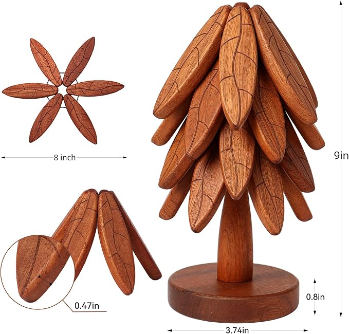 4-Piece Sapele Wood Tree Coaster Set with Stand | Leaf Pattern Trivets for Hot Dishes Pots Teapots | Heat Resistant Kitchen Trivet Set | Natural Wood Home Decor (Texture- 4 Pcs)