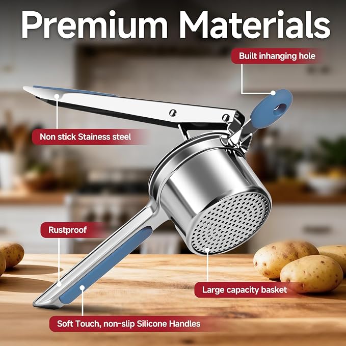 Potato Ricer for Mashed Potatoes-Stainless Steel 15oz | Large Capacity,All Clad,Heavy Duty,Ergonomic Handle for Spaetzle,Oranges, Lemons, Pumpkins, Carrots, Avocados(BLUE)