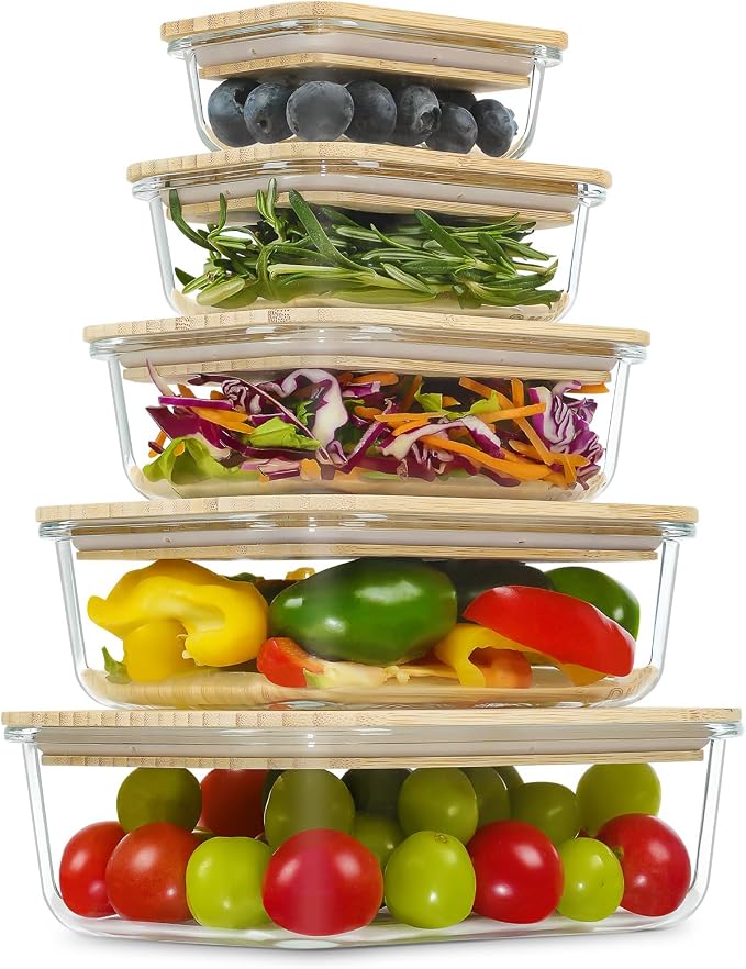 Glass Containers with Bamboo Lids, Meal Prep Glass Food storage Container Set, 5 Pack, Pantry & Kitchen Organizer, Microwave, Oven, Freezer Safe