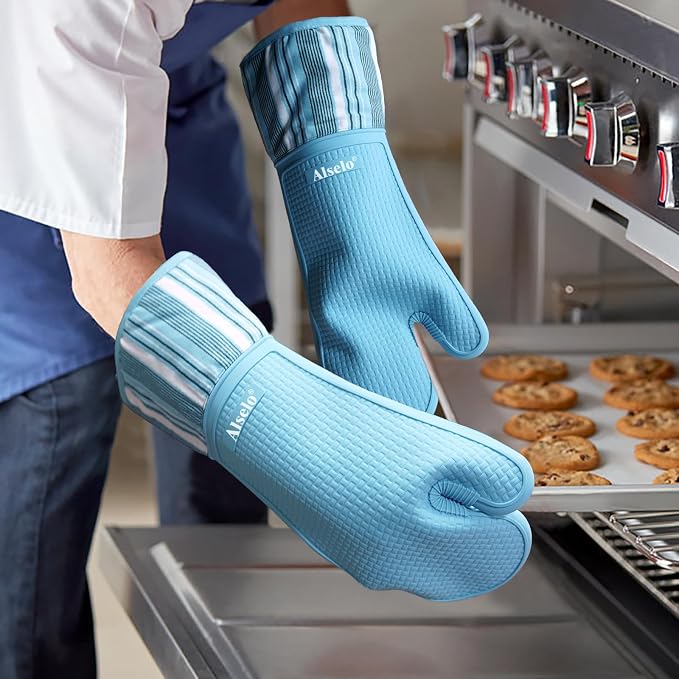 Alselo Oven Mitts Heat Resistant Silicone Kitchen Gloves for 550 Degrees with Waterproof and Non-Silp, Oven Gloves for Baking Cooking Barbecue Microwave Machine Washable (2, Extra Long Sapphire)