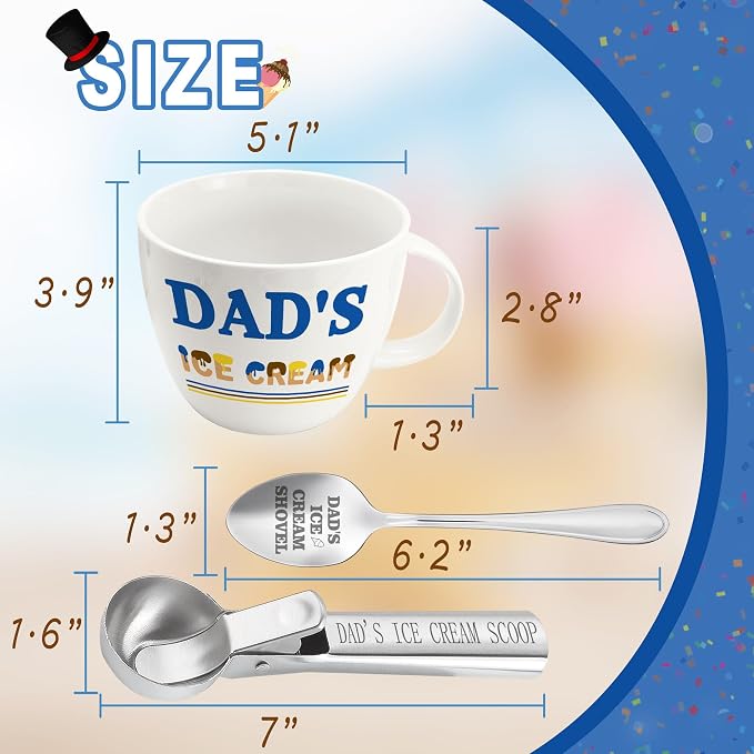 Dad Gifts, Fathers Day Birthday Gifts for Dad from Daughter Son, Dad's Ice Cream Bowl Scoop Shovel Spoon Set, Ice Cream Present for Daddy Him Man