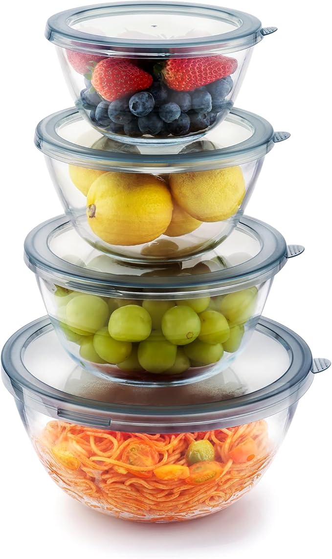 Cuiselect 4pc Glass Mixing Bowls with Lids Set (2.80QT, 1.64QT, 1.16QT, 0.85QT), Thick Salad Bowl, Nesting Glass Mixing Bowl for Cooking, Baking, Prepping-Dishwasher Microwave Freezer Safe