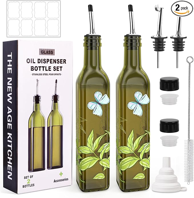 COOLMI Oil and Vinegar Dispenser Set - 17oz/500ML Premium Glass Olive Oil Dispenser Bottles for Kitchen, Oil Dispenser for Kitchen (Butterfly)