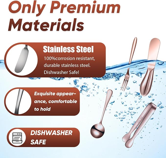 14 Pieces Charcuterie Board Accessories Cheese Spreader Knives Set Stainless Steel Charcuterie Utensils Spreader Knives Mini Serving Tongs Spoons and Forks for Cheese and Pastry Making (Rose Gold)