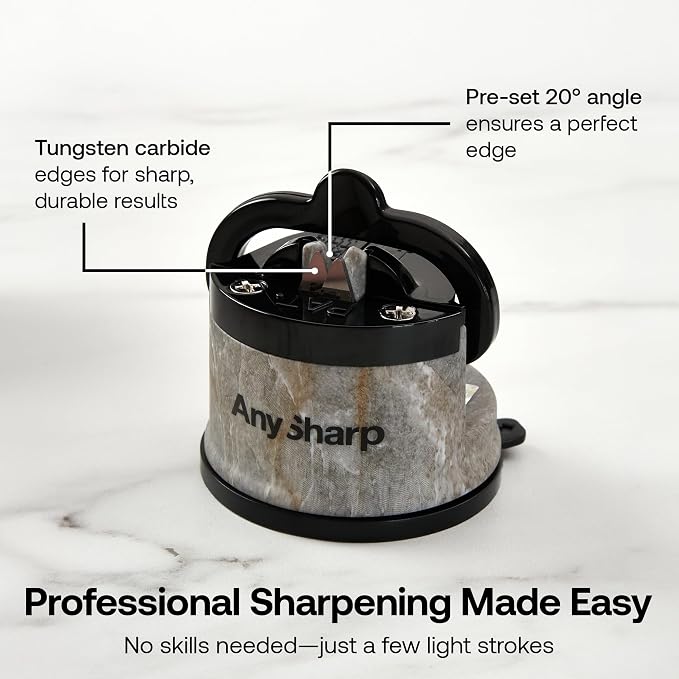 AnySharp – Editions – Hands Free Knife Sharpener - Easy to Use Sharpening Tool with PowerGrip Suction Base and 20-Degree Pre-Set Angle - for All Knives: Chef's, Serrated, and Hardened Steel - Stone