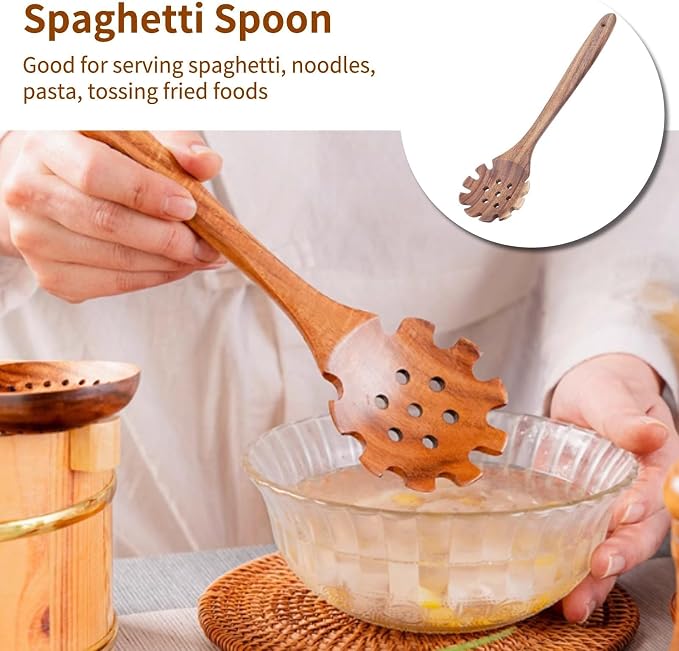 Spaghetti Spoon, Wood Pasta Server Wooden Pasta Spoon with Teeth 12.6inch Strainer Noodle Fork for Home Kitchen Cooking