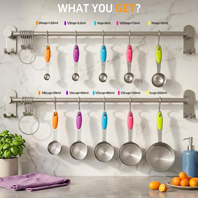 Measuring Cups and Spoons Set of 10 Pieces | Stainless Steel Nesting Measuring Cups Set with Colorful Silicone Handles, Kitchen Utensils for Cooking Baking