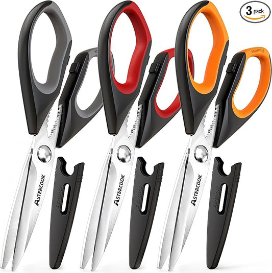 Astercook Kitchen Scissors 3 Pack, Heavy Duty All Purpose Kitchen Shears for Food and Packaging, Stainless Steel Food Scissors for Meat, Poultry, Herbs and Vegetables, Dishwasher Safe