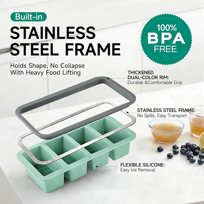 Tvmania 2-Pack Silicone Freezer Tray with Lid - 1 Cup / 4 Compartment Soup Freezer Container for Broth, Sauce & Meal Prep - Large Ice Cube Tray for Whiskey - Stackable, Easy Release, Oven Safe