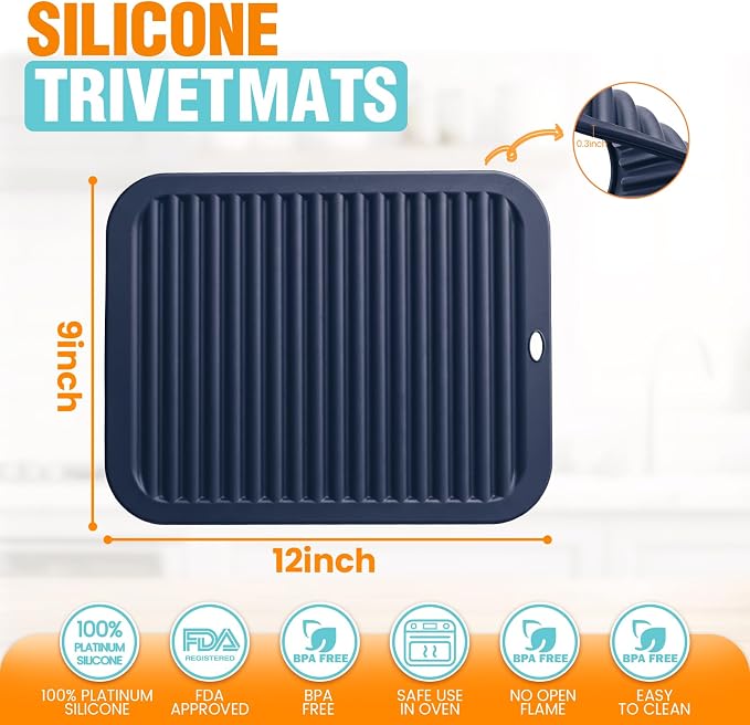 Silicone Trivets for Hot Pots and Pans - 2 Heat Resistant Pot Holders Silicone Trivet Mat Multipurpose Counter Pads (Navy Blue)