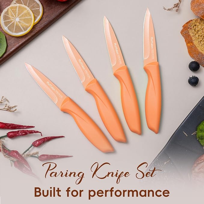 Paring Knife set of 4, 3.5-inch Orange Stainless Steel Peeler. | Straight blade with pointed tip design PP plastic ergonomic handle Specifically designed for cutting fruits and vegetables