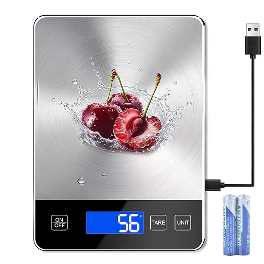 Digital Kitchen Scale, 33lb Food Scale Precisely Measures Grams and Ounces for Baking, Cooking, and Meal Prep, Rechargeable 304 Stainless Steel with LCD Display, Batteries and USB Charging Included