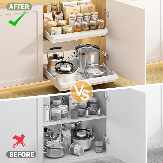 DOMNIU Pull Out Cabinet Organizers Expandable,White,20.8"Depth,2 Pack | Slide Out Drawers for Kitchen, Bathroom, Pantry, Under Sink Storage, Fixed with Adhesive Nano Film (13''-19'')