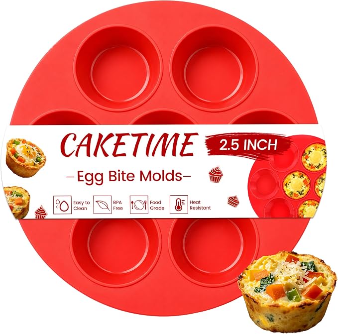 CAKETIME Silicone Muffin Pan for Air Fryer Oven, Nonstick 7-Cup Red | Food-Grade, For Egg Bites, Muffins, Cupcakes, Mini Quiche, 1 Pack