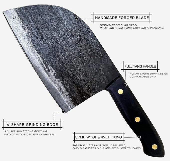 Freelander Serbian Chef Knife, Heavy Duty Handmade Forged Meat Cleaver for Meat Cutting, Full Tang High-Carbon Clad Steel Butcher Knife, Non-Slip Handle and Leather Sheath