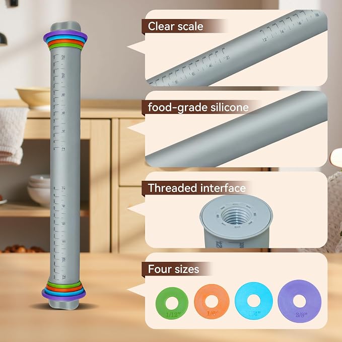 Adjustable Rolling Pin with Thickness Rings, Silicone Dough Roller | 4 thickness rings, Non-stick silicone surface, Stainless steel core, 12.8" rolling pin, For pizza pastry cookie baking
