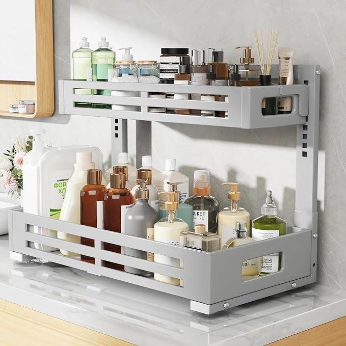 2 Pack 21IN-Depth Under Sink Organizer,Pull Out Cabinet Organizer With Smooth Cylindrical Rail,Metal Slide Out Drawer for Kitchen Bathroom Laundry,8-Level Tool Free Height Adjustable-Gun Gray
