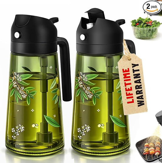 COOLMI Oil Sprayer for Cooking, 2 in 1 Olive Oil Dispenser Bottle Set for Kitchen, Food-Grade Glass Green Oil Vinegar Bottle Container - 16OZ/470ML Set of 2 (Black)