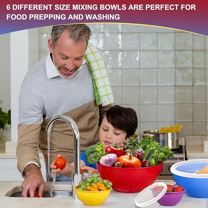 Greentainer Plastic Mixing Bowls with Lids Set for Kitchen, 6 Set Nesting Bowls for Mixing, Baking, Prepping, Cooking and Serving Food, Mixing Bowls Dishwasher, Microwave Safe