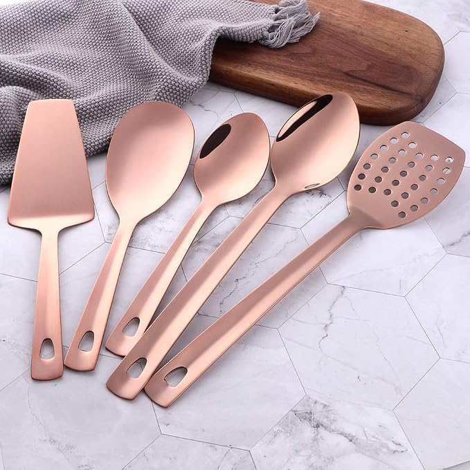 12 Pcs Cooking Utensil Set, Stainless Steel Rose Gold Titanium Plated Cookware Sets with Public Fork/Spoon, Cake Shovels, Spatula, Ladles, Solid Spoon, Slotted Spoon, Pasta Server, Kitchen Tool Gadget