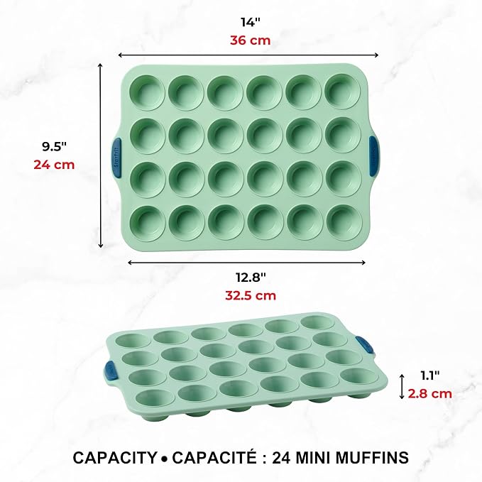 Starfrit Silicone Bakeware 24 Mini Muffin Pan with Integrated Metal Frame - Premium Silicone BPA-Free - Heat Resistant - Ergonomic Handles - Easy Release - Oven & Dishwasher Safe - Green