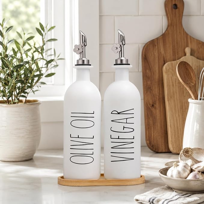 HOMCDALY 16oz Olive Oil Dispenser Bottles for Kitchen, White Oil and Vinegar Dispenser Set, Two Olive Oil Bottles with Bamboo Tray | Set of 2 (16oz-P-White)