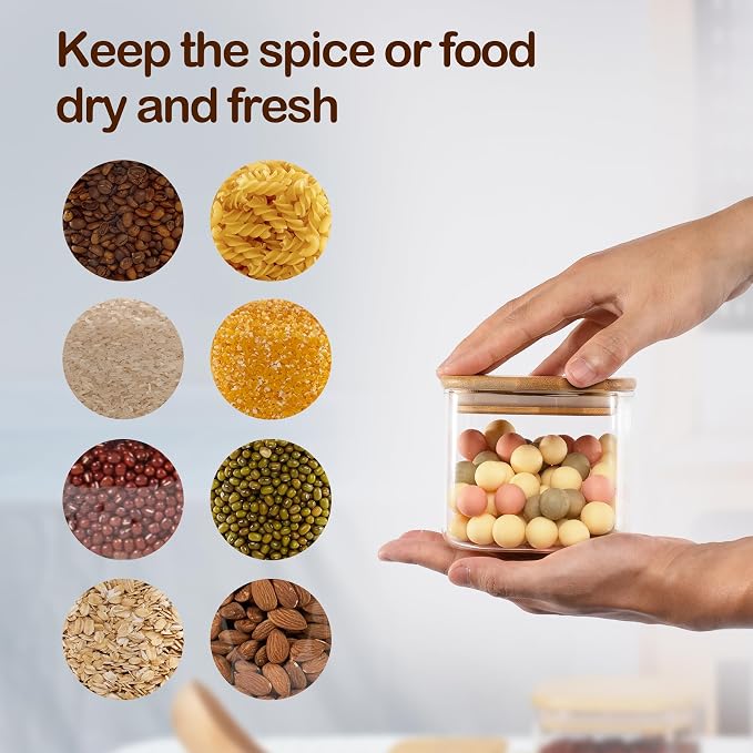D2scrma 22oz Airtight Square Spice Containers with Bamboo Lid Set of 6 (650ml) Kitchen Pantry Organization Jar Stackable Spice Jar, for Sugar, Tea, Cookies and Coffee beans (‎with Black Lable)