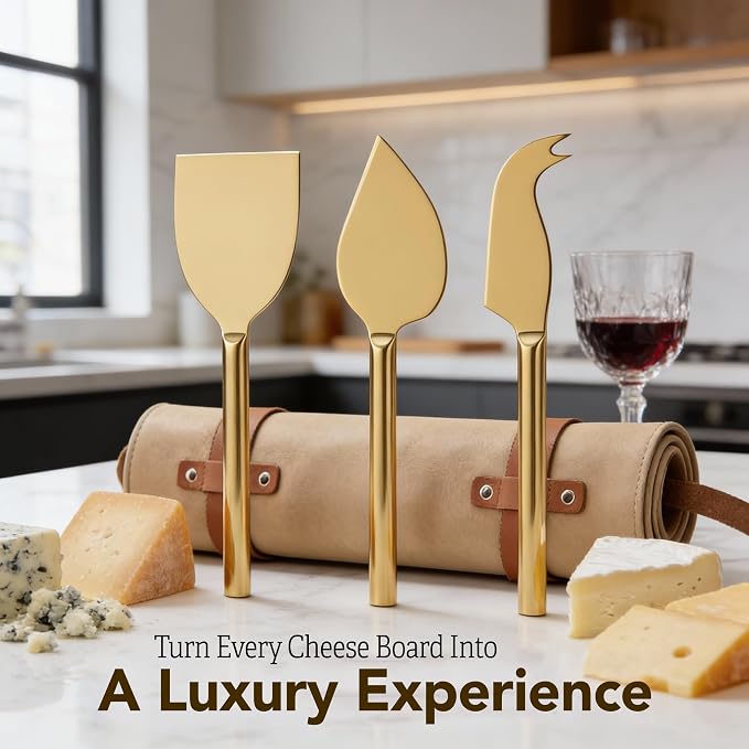 Cheese Knife Set for Charcuterie Board – 3-Piece Gold Stainless Steel Cheese Knives with Leather Pouch – Elegant Charcuterie Tools, Utensils Set