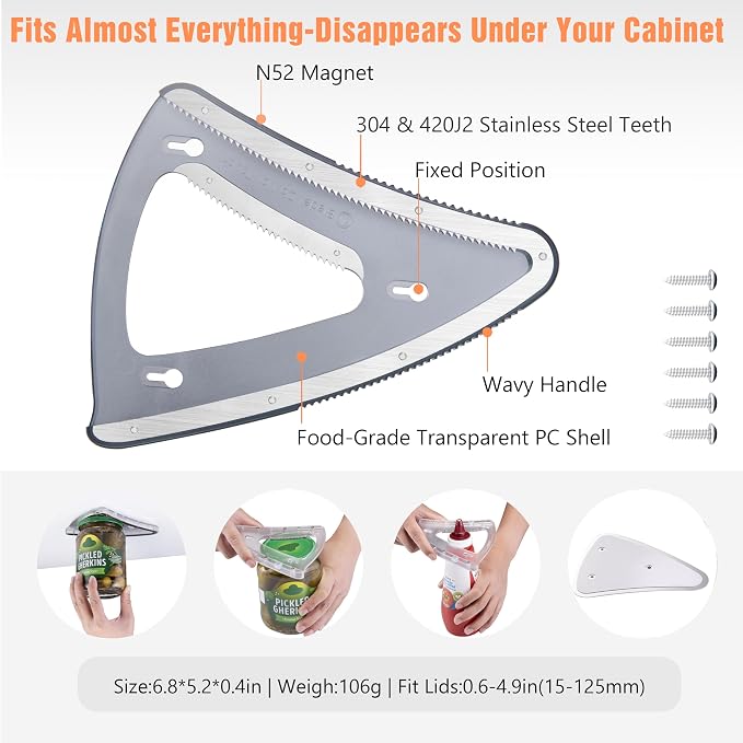 Uinxan Jar Opener-Handheld & Cabinet Mounted with Bracket for Weak Hands | Effortless Opening for Screw Lids, Bottle Caps & Odd-Shaped Tops, Patented, Magnetic Storage, 304 Stainless Steel (Clear)