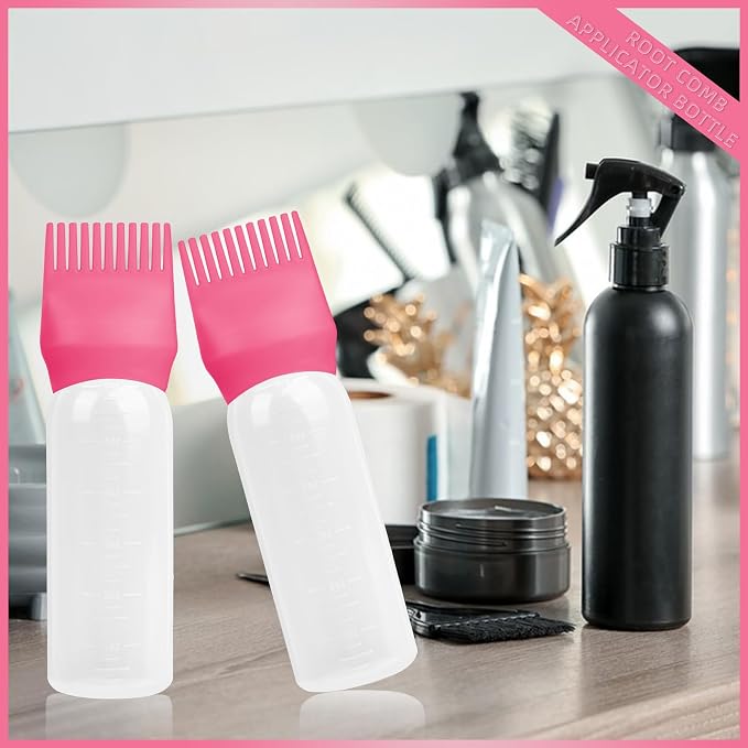 2 Pack Root Comb Applicator Bottle Tools 6 Ounce, Hair Oil Applicator Bottle with Hair Oil Dispenser Root Comb Brush for Scalp Oil Hair Oiling Applicator -Dark Pink
