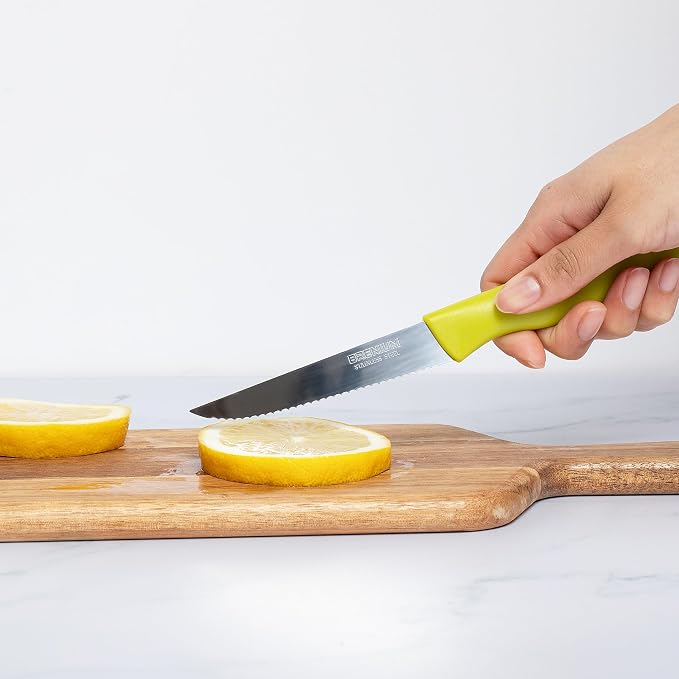 6-Piece Paring Knife Set – 4 Inch Razor Sharp Stainless Steel Spear Point Blades, Precision Fruit and Vegetable Cutting Knives, Ergonomic Non-Slip Handles – Green, Serrated Edge