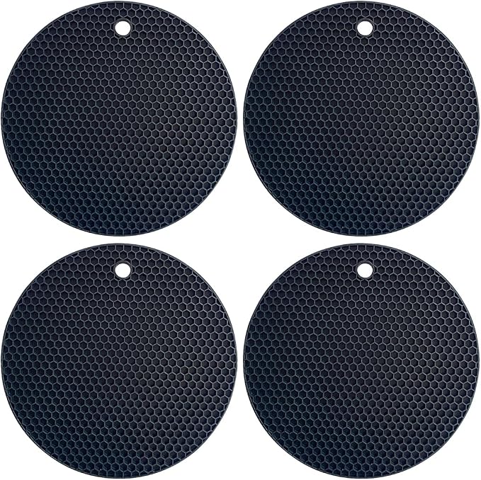 7-Inch Round Silicone Trivet Mats - 4-Pack Non-Slip Heat Resistant Hot Pads for Kitchen Countertops, Pots and Pans (Black)