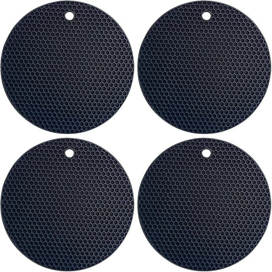 7-Inch Round Silicone Trivet Mats - 4-Pack Non-Slip Heat Resistant Hot Pads for Kitchen Countertops, Pots and Pans (Black)