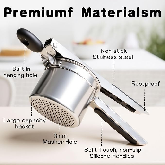 15oz Stainless Steel Potato Ricer - Heavy Duty Mashed Potato Ricer with Silicone Grip, Dishwasher Safe Professional Kitchen Tool for Perfect Mashed Potatoes & Purees