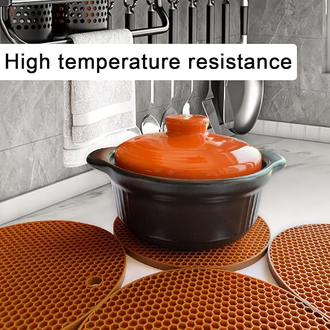7-Inch Round Silicone Trivet Mats - 4-Pack Non-Slip Heat Resistant Hot Pads for Kitchen Countertops, Pots and Pans (Coffee)